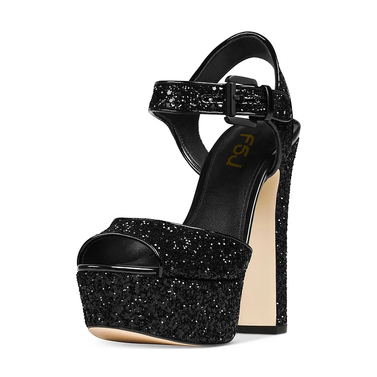Black Glitter Shoes Peep Toe Block Heel Sandals with Platform |FSJ Shoes