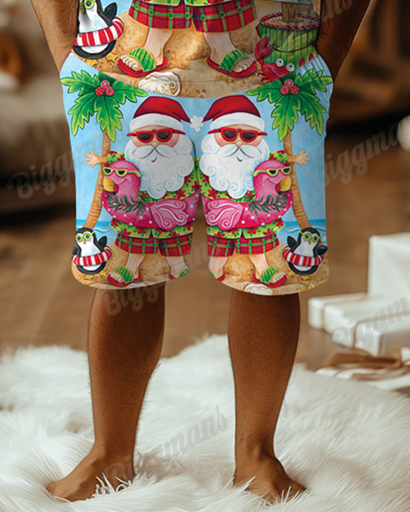 Big Men's Santa Claus Hawaiian Holiday Print T-Shirt Shorts Set