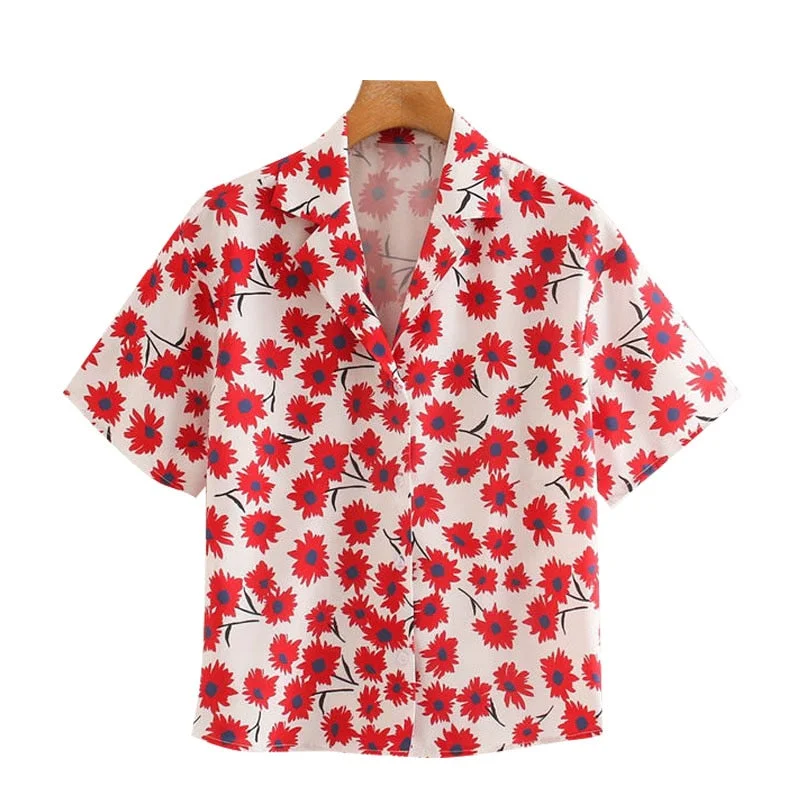 TRAF Women Fashion Floral Print Button-up Blouses Vintage Lapel Collar Short Sleeve Loose Female Shirts Chic Tops