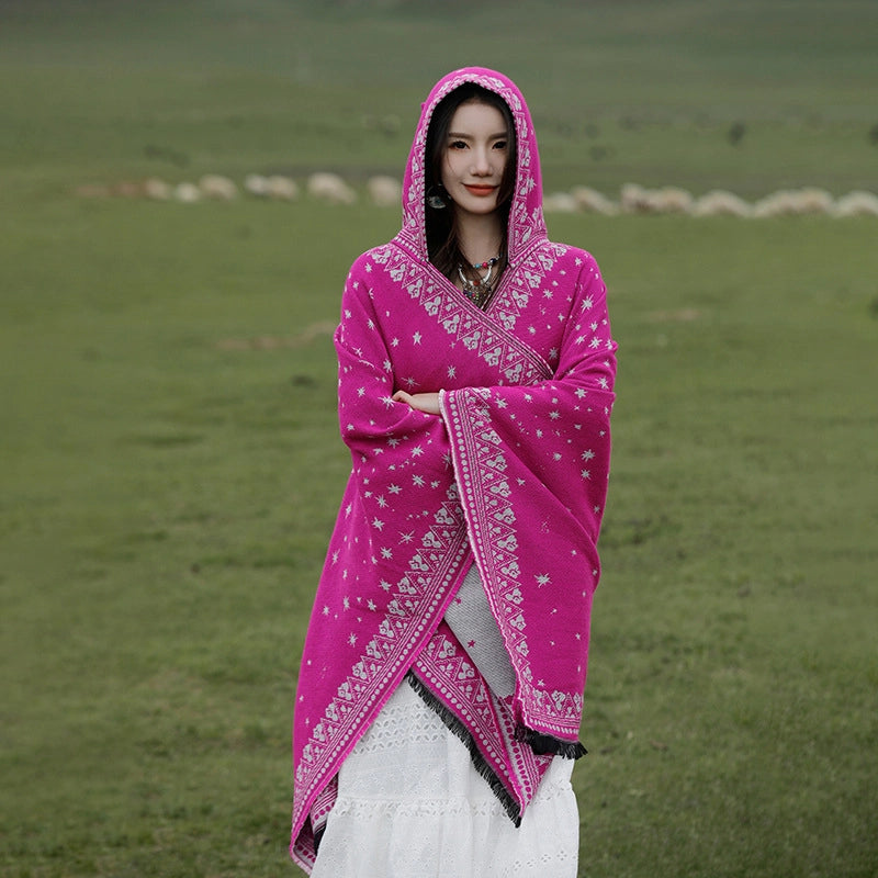 Ethnic Style Hooded Shawl Cloak Lijiang Xinjiang Tibet Northwest Tourism Wear Photograph Warm Outer Cape