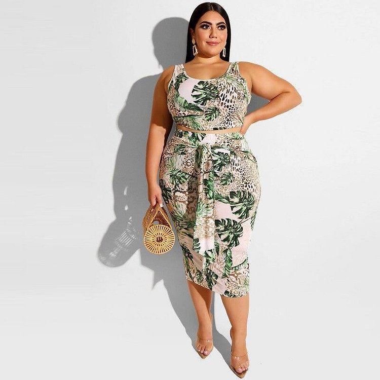 Print Oversized Skirt Set Women Summer Sexy Two Piece Set Striped Plus Size Tracksuits Ladies Tight Skirt and Top 5XL