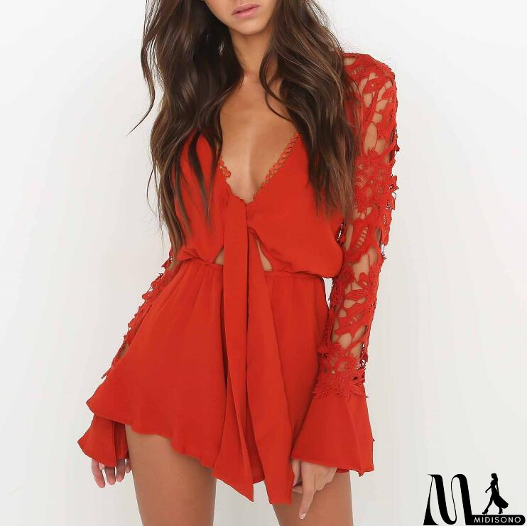 MidiSono - Sexy V-Neck Lace Long Sleeve Rompers Jumpsuits