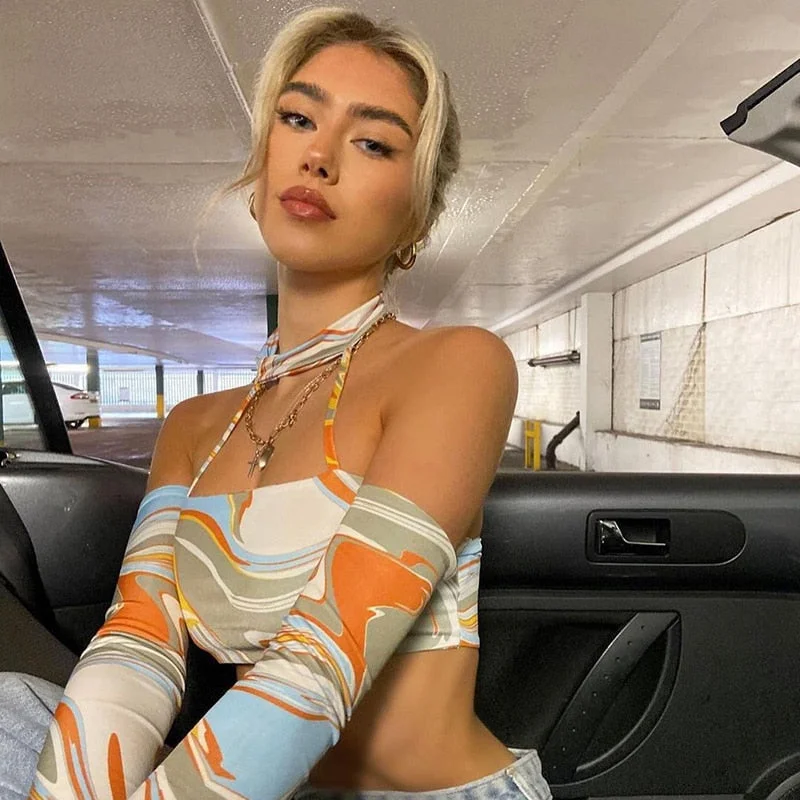 HEYounGIRL Sexy Long Sleeve Halter Corset Crop Top Tshirt Printed Off Shoulder Long Sleeve T Shirt Ladies 90s Fashion Summer