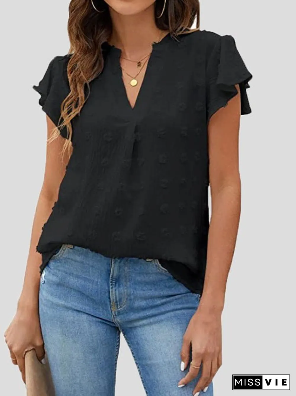 Women'S T-Shirts Dot Ruffle Sleeve V-Neck Chiffon T-Shirt