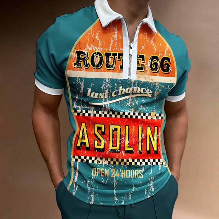 Men's Outdoor Vintage Sports PoLo Neck Tops Route 66 Print Color Matching Short Sleeve Zipper PoLo Shirt
