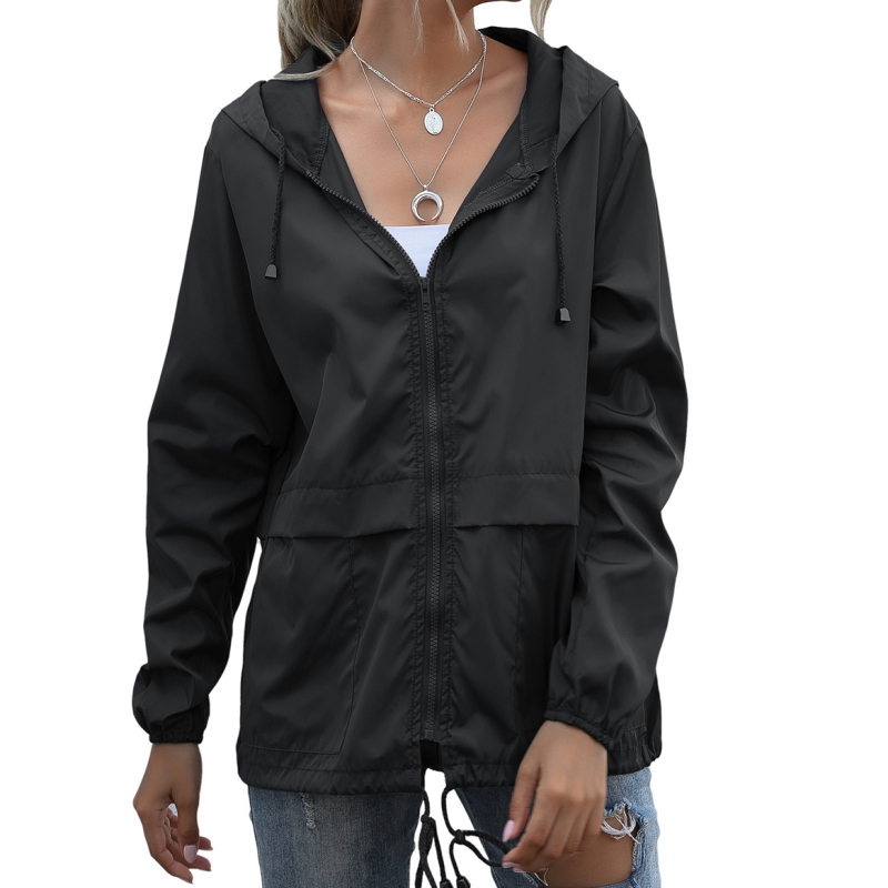 Women's Thin Waterproof Hooded Drawstring Jacket Outdoor Sports Punching Jacket Parka Waterproof Jacket Coat