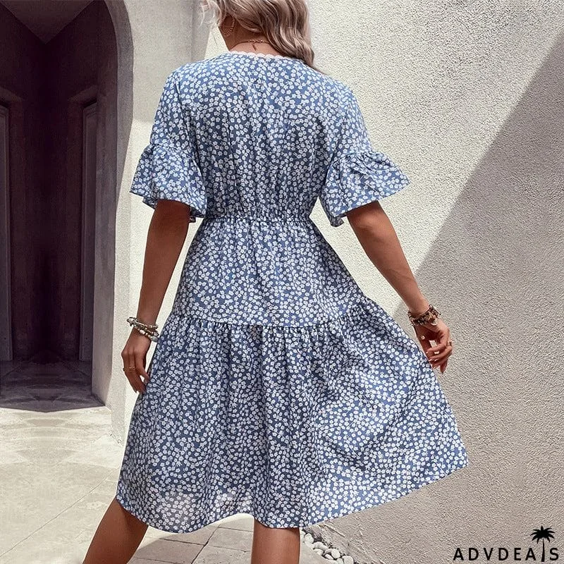 Floral Flounce Sleeve V-Neck Dress