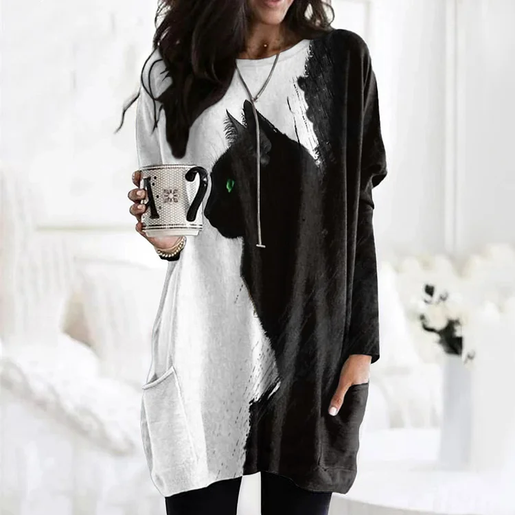 Black Cats Embroidered Comfy Tunic