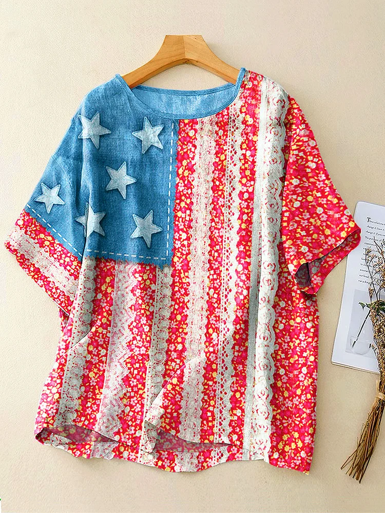 Women's Vintage Independence Day Flag Art Print Casual Linen Crew Neck Shirt