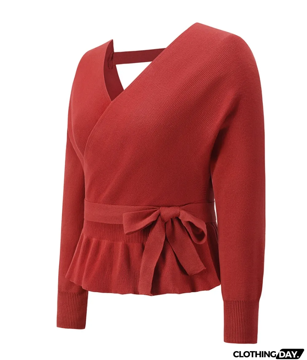 Autumn Red Bat Sleeves Wrap Peplum Sweater Top with Belt