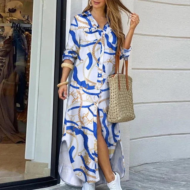 Elegant Women Button Down Long Shirt Dress Summer Letters Print Lapel Neck Party Dress Lady Long Sleeve Maxi Beach Dress Vestido