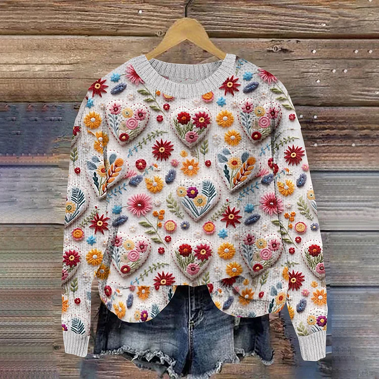 VChics Heart Floral Print Crew Neck Knitted Sweater