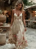 Women's Vintage Pink Rose Art Casual Maxi Dress