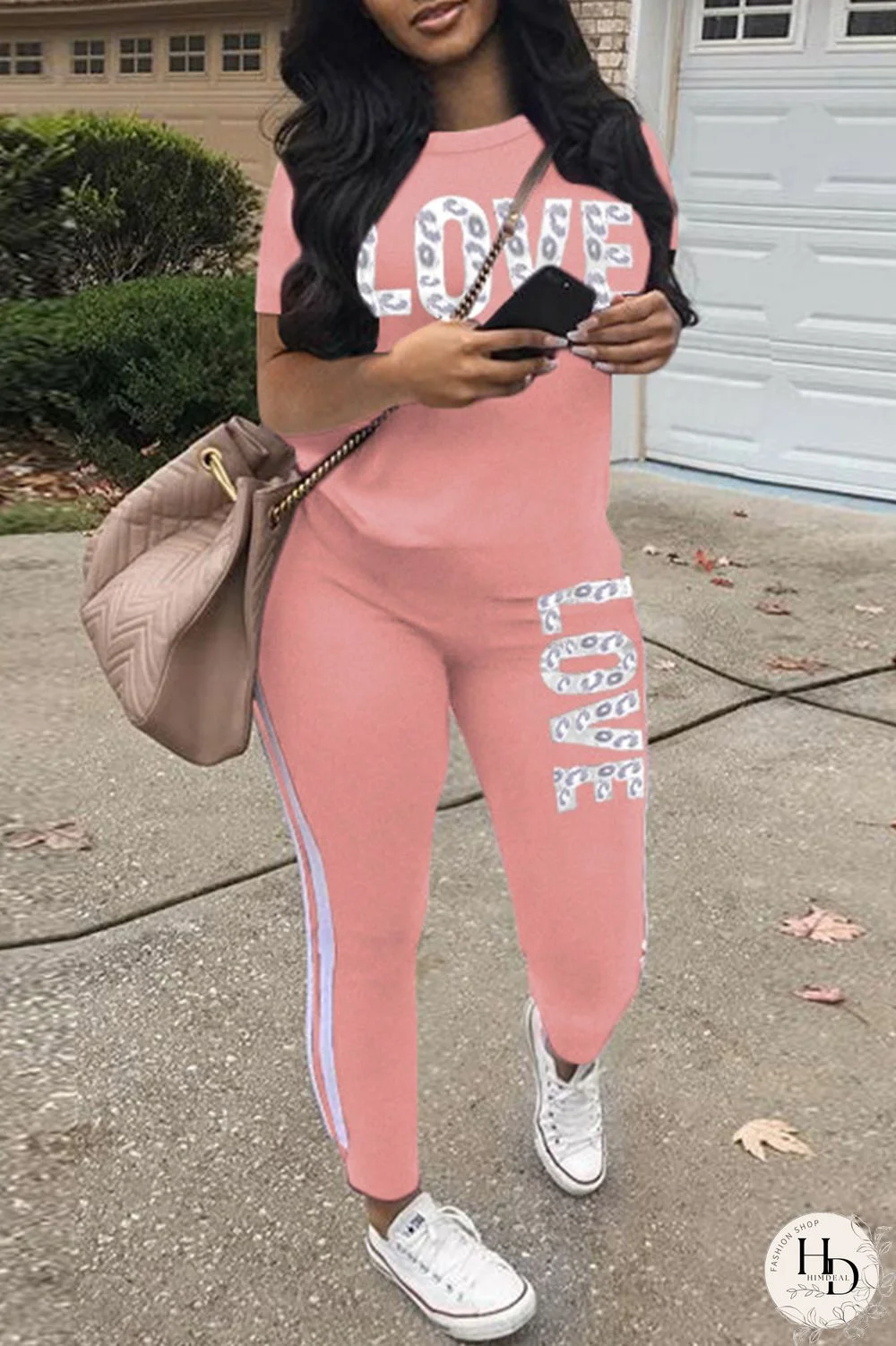 Pink Casual Letter Print Basic O Neck Short Sleeve Two Pieces