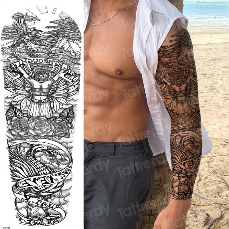 temporary tatoo men large waterproof temporary arm sleeve tattoo black robot mechanical tattoos tribal lion head king fox design