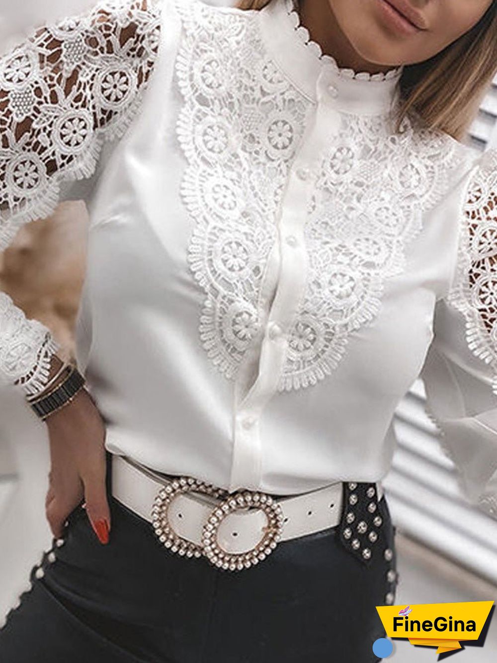 Women'S Blouses Stand Collar Lace Cutout Long Sleeve Blouse
