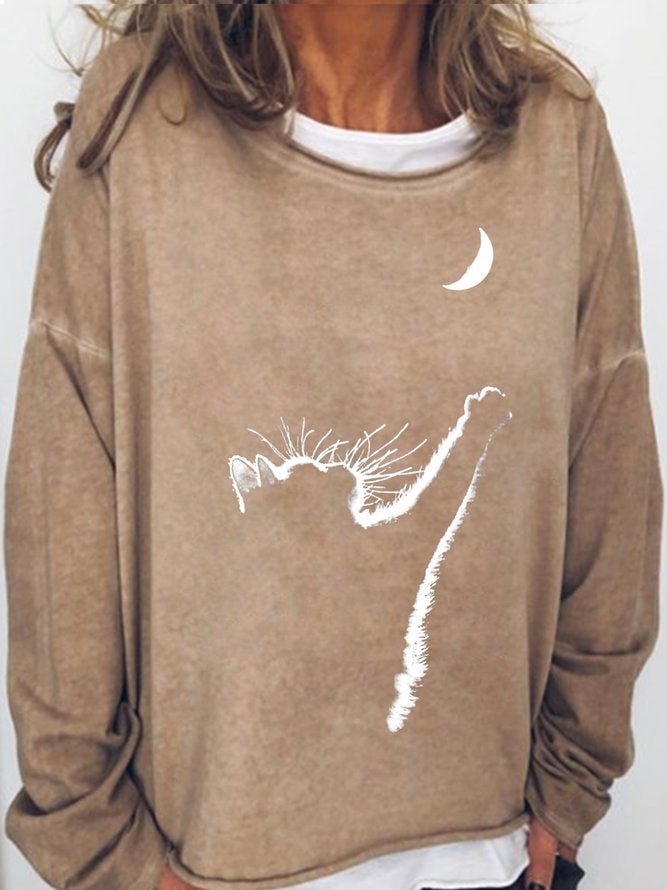 Long Sleeve Crew Neck Cat Moon Printed Casual Sweatshirt