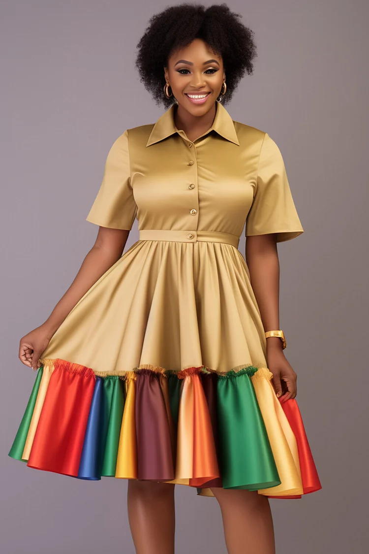 Fashion Elegant Print Buckle Strap Design Turndown Collar Waist Skirt Dresses