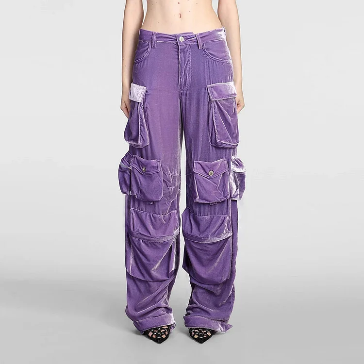 Street Purple High-Waist Pockets Velvet Cargo Pants