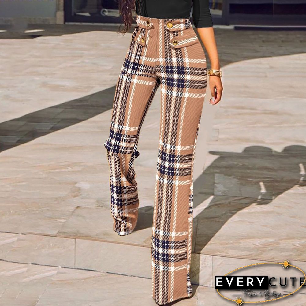Womens Buttoned High Waist Wide Leg Tailored Pants Spring Casual Ladies Plaid Long Pencil