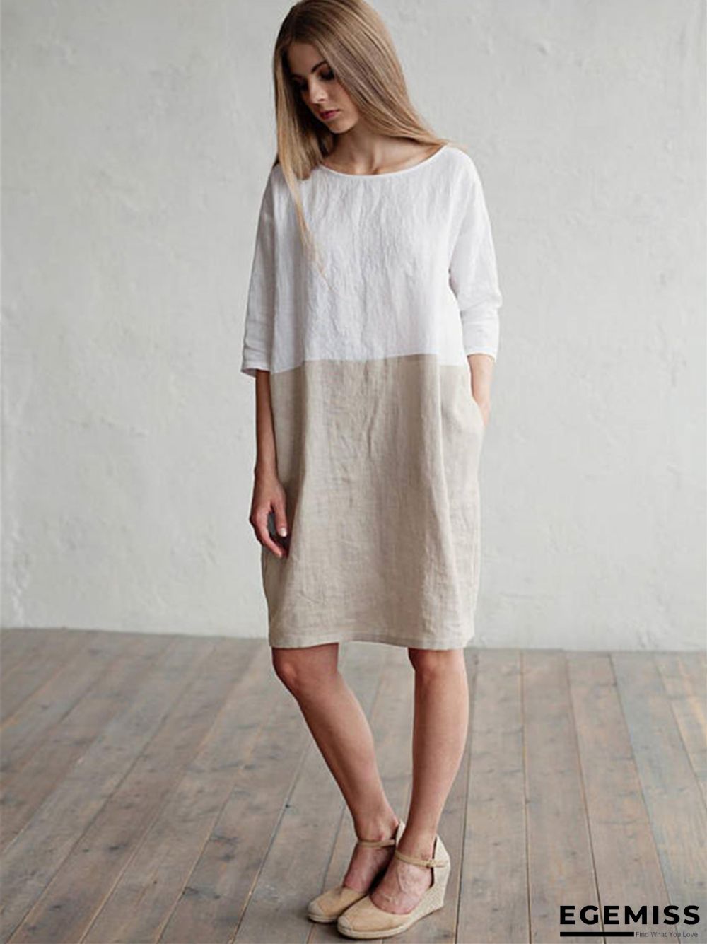 Loose Solid Color Cotton Linen Patchwork Dress Round Neck Seven Sleeve Skirt Waist | EGEMISS