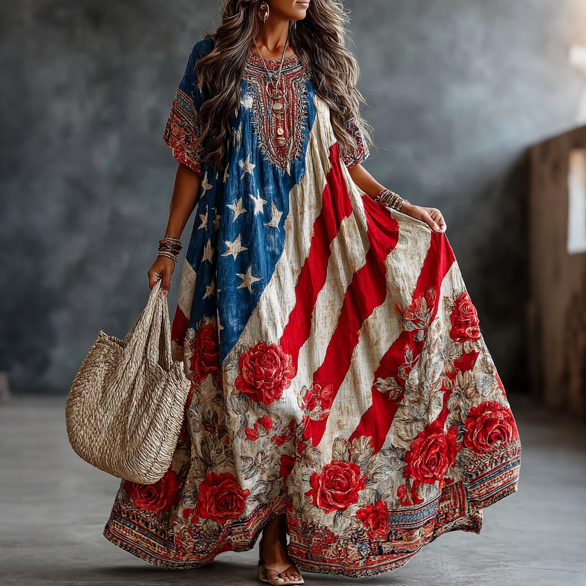  Women's Vintage Floral Flag Patchwork Art Print Short Sleeve Dress Westsshops