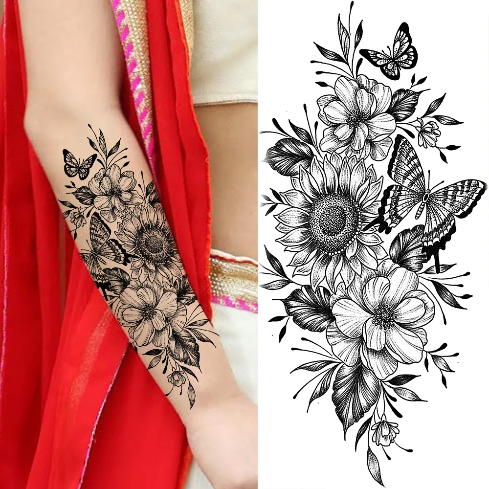Sdrawing Sunflower Butterfly Temporary Tattoos For Women Adult Rose Flower Moon Fake Tattoo Arm Body Art Decoration Tatoo Paper