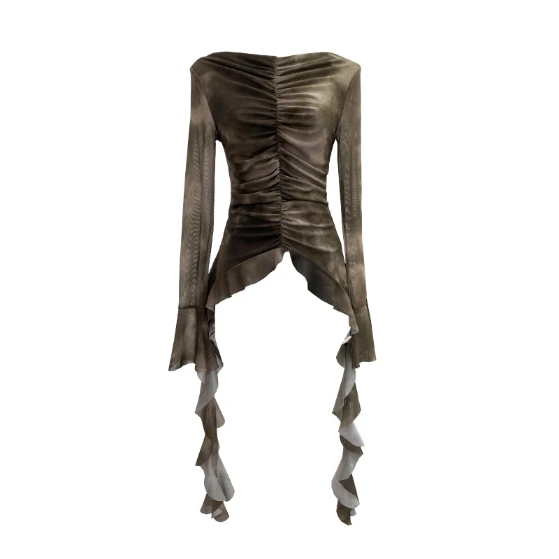 Nigikala Nigikala Shooting Hot Girl Horn Sleeve Net Yarn Bottom Shirt Girl Body Waste Wind Irregular Ribbon Long-Sleeved Top 2708