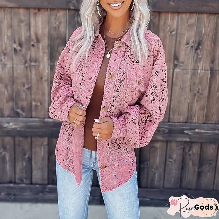 Fashion Lapel Long Sleeve Street Jackets Elegant Casual Lace Hollow Out Cardigan Autumn Spring Single Breasted Office Outerwear