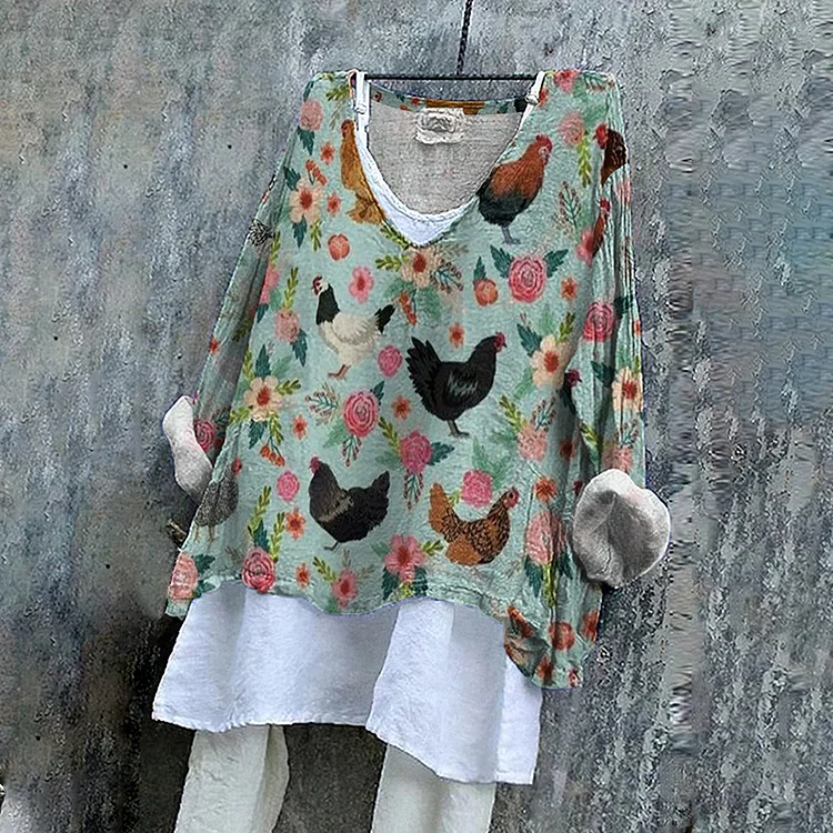 Comstylish Women's Vintage Floral Chicken Pattern Cozy Linen Blend Tunic
