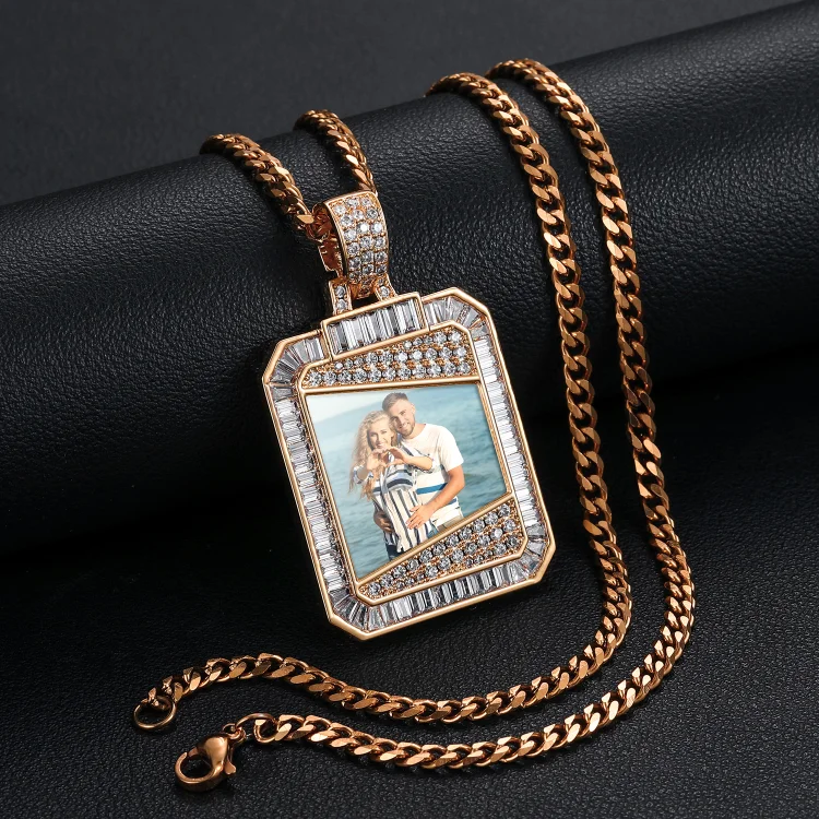 Custom Photo Baguette Square CZ Medallions Pendant Personalized Necklace Jewelry-VESSFUL