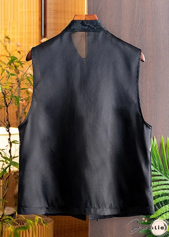 Handmade Black Stand Collar Embroideried Button Silk Cardigans Sleeveless