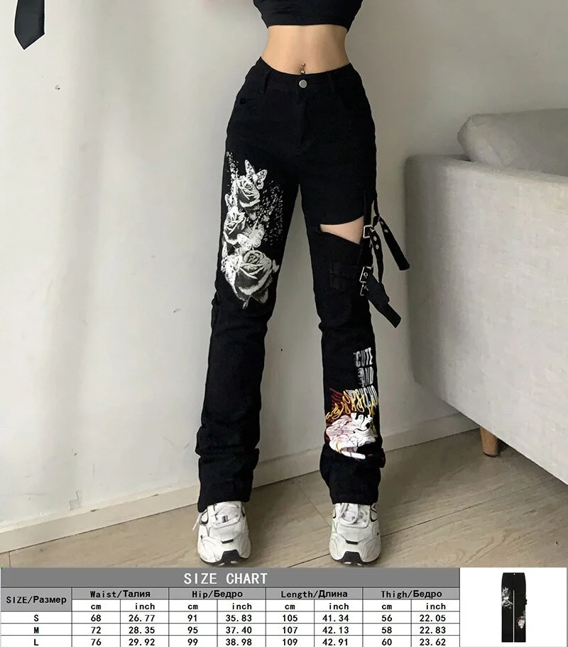 Jangj Gothic Print Y2k Jeans Low Rise Rose Printed Bodycon Pants Ribbon Cyber Punk Alt Techwear Jeans Women Fairy Hole Stitching Pants