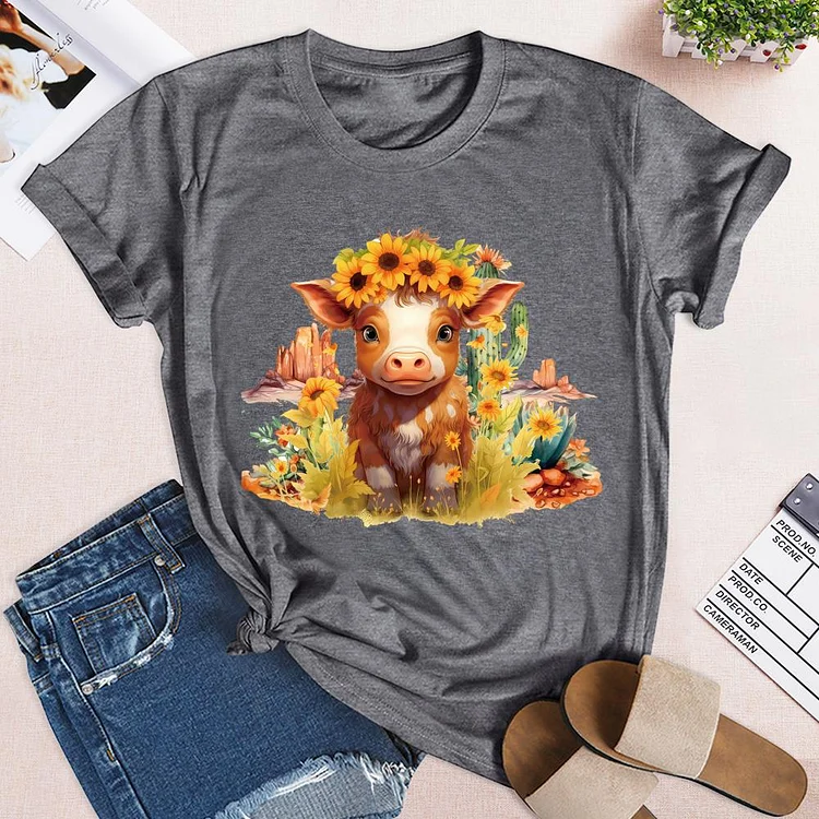 Farm Sunflower Cow Round Neck T-shirt-0019112