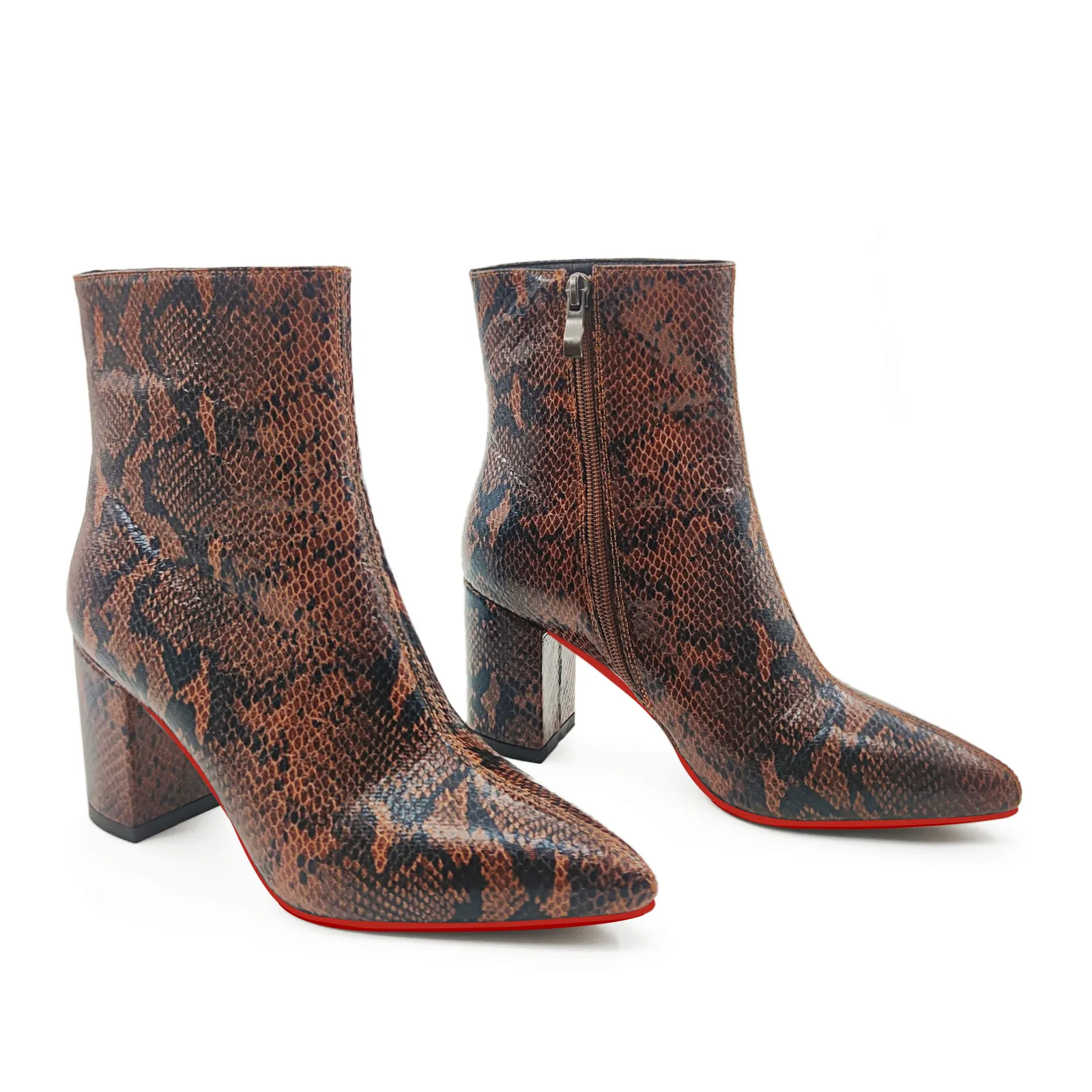 75mm Women's Zipper Pointed Toe Red Bottom Chunky Heel Ankle Boots-vocosishoes