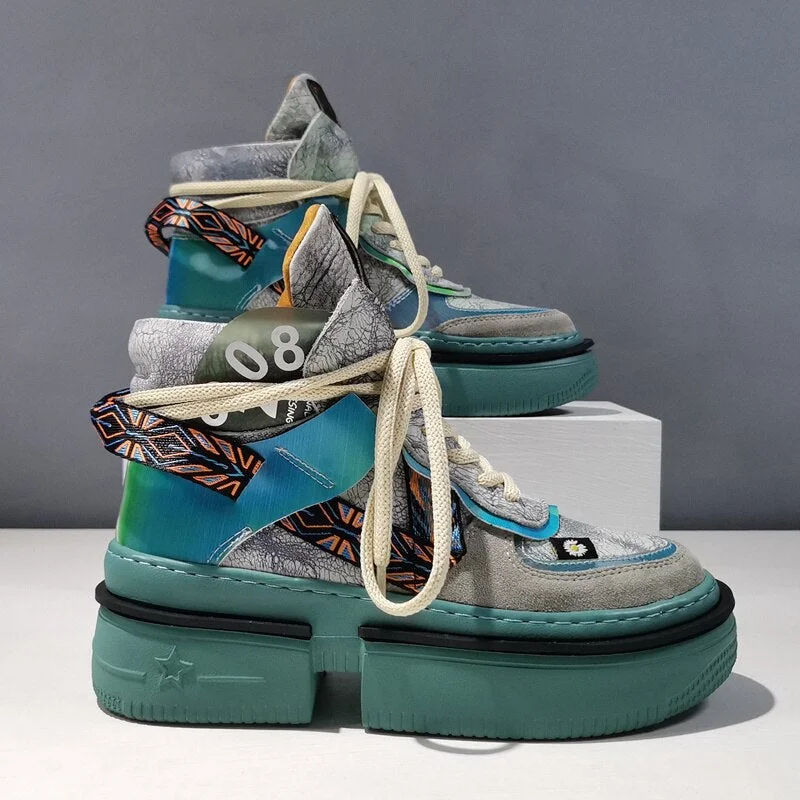 Women Sneakers High-Top Lace-Up Round Toe Flat Platform Ladies Shoes Thick Bottom Mixed Colors Cross-tied Sapatos Das Mulheres