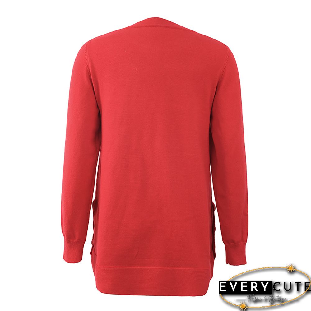 Red Button Side Split Knit Sweater