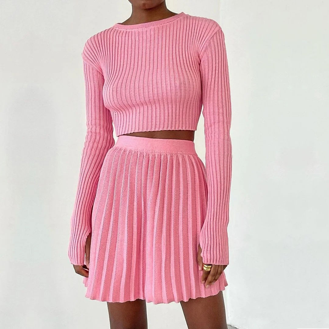Women's 2 Piece Outfits Knitted Long Sleeve Crop Top Mini Pleated Dress