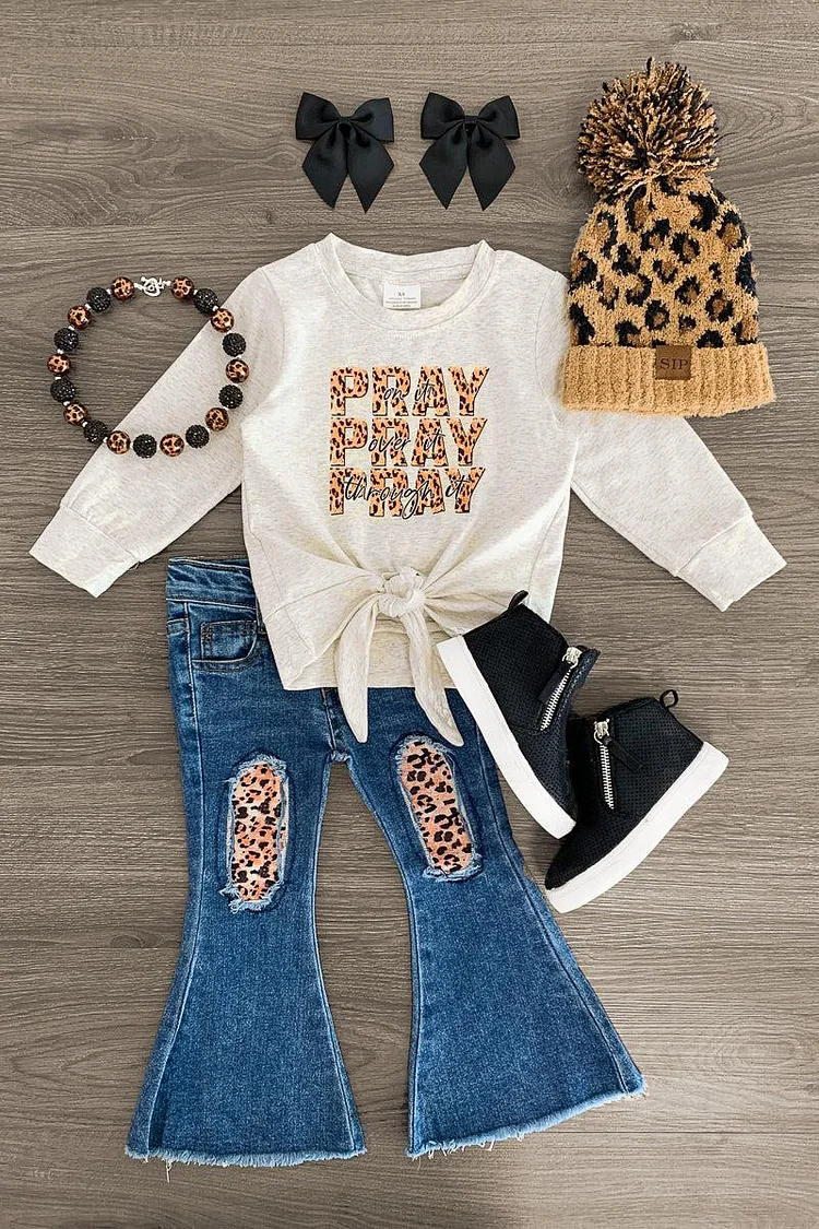 Pray Leopard Distressed Denim Flare Set