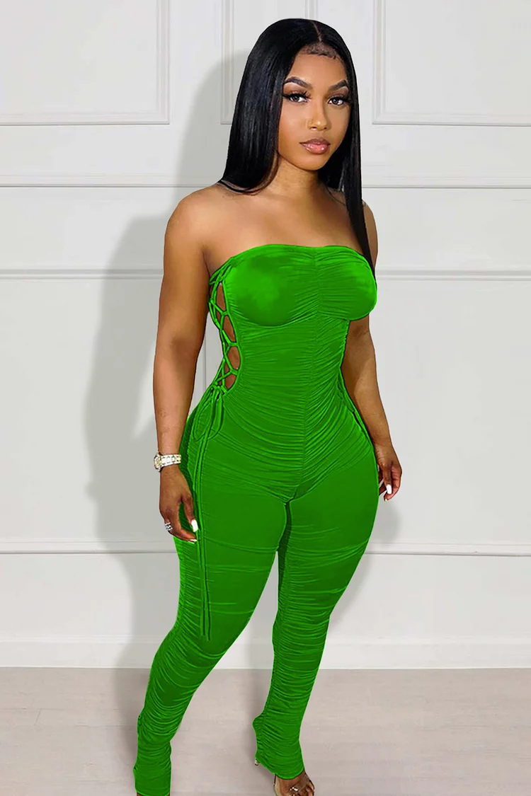 Strapless Side Cutout Lace Up Solid Color Ruched Slim Fit Jumpsuit-Yellow