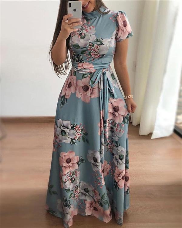Floral Printed  Round Neck  Maxi Dress - Chicaggo