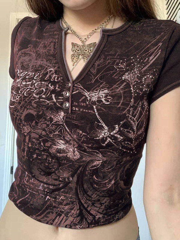 Vintage Floral Print Buttoned Crop Top