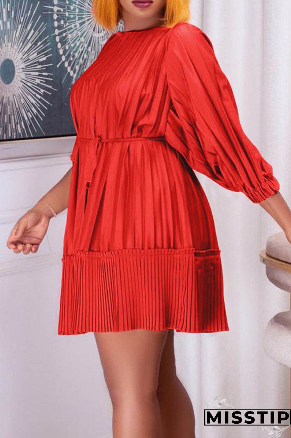 Black Casual Solid Patchwork Fold O Neck Pleated Dresses