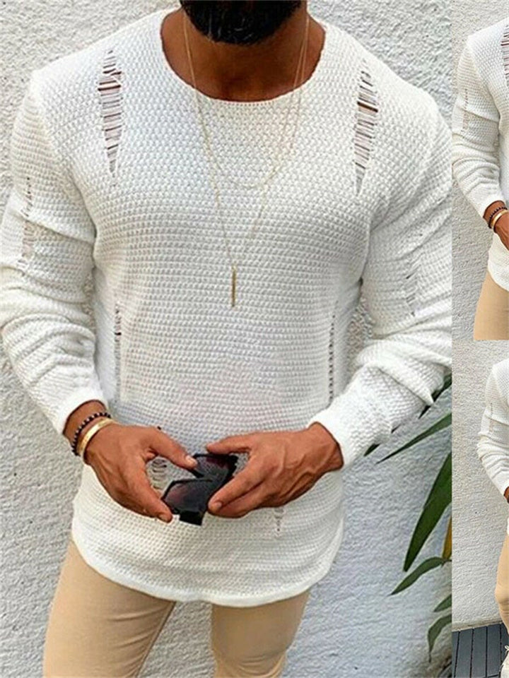 Solid Round Neck Men's Sweater With Holes - EGEMISS