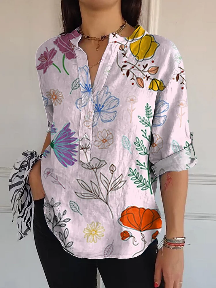 Women's   Flowers  Print Casual Long Sleeve Comfortable Cotton Shirt
