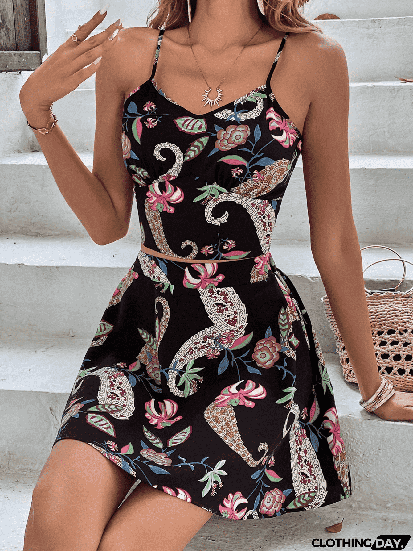 Floral V-Neck Cami and Skirt Set