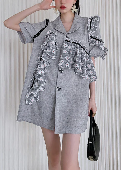 Simple Grey Notched Ruffled Patchwork Cotton Day Dress Summer