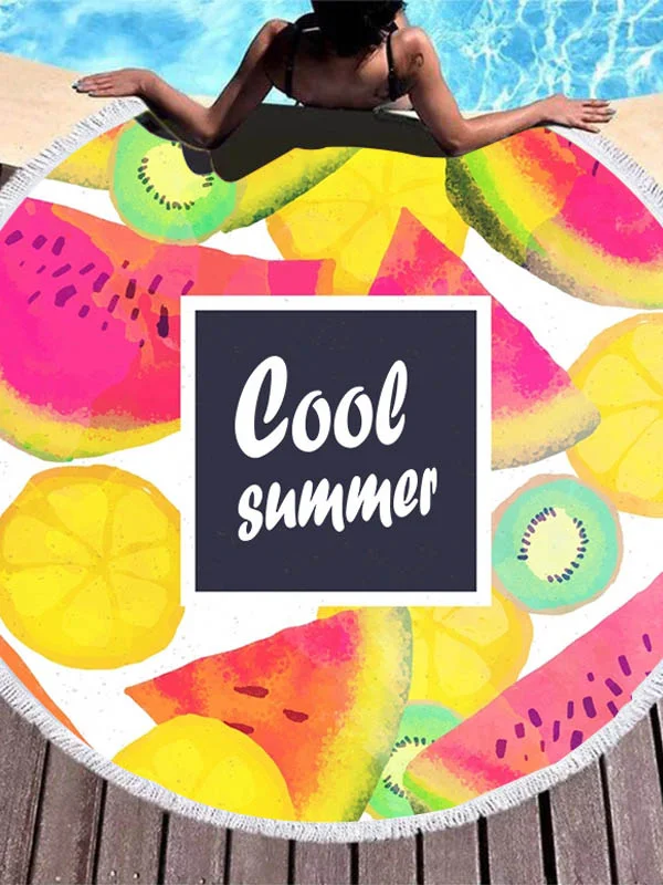 Color Fruit Print Round Shape Tasseled Soft Beach Mat