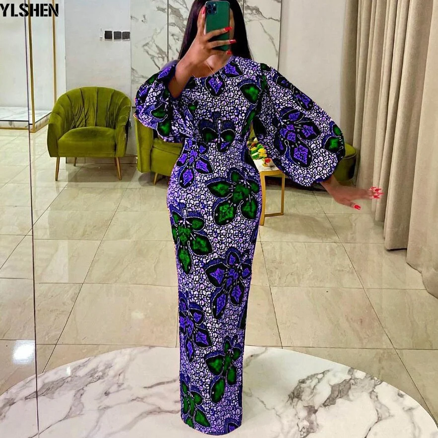 Cartoonh Long Bodycon African Dresses for Women 2023 Maxi Dress African Clothes Fall Sexy Print Lantern Sleeve Gown Robe Africaine Femme 320-0