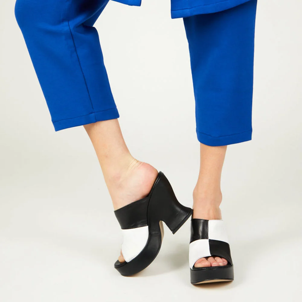 Black & White Round Toe Platform Wide Strap Mule Shoes for Women